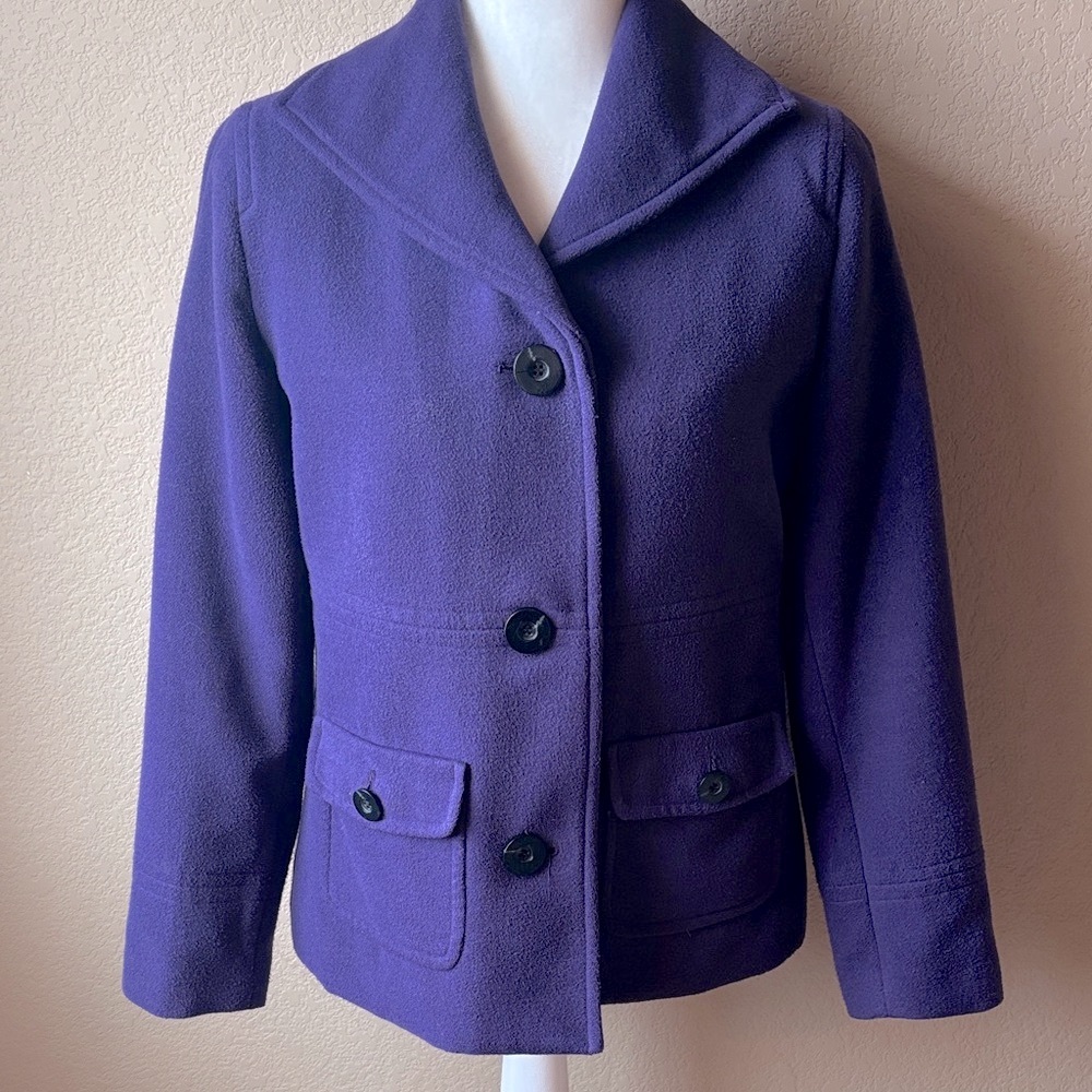 JM Collection purple collared peacoat with button pockets, size medium petite